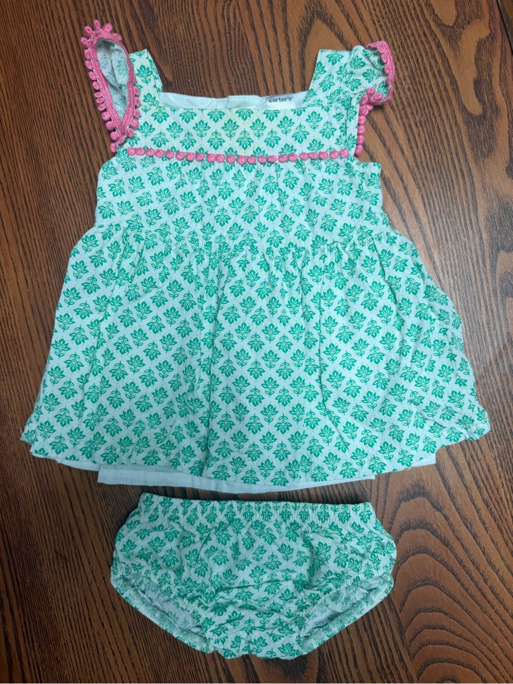 3M Carter's Green Floral Baby Dress with Pink Trim